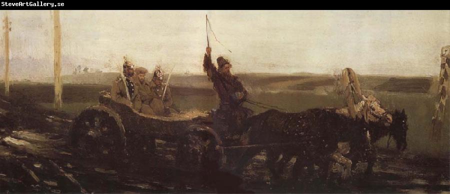 Ilya Repin Under Guard,Along the Muddy Road